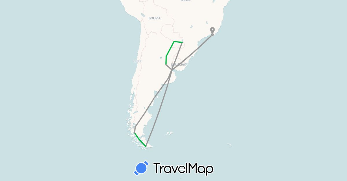 TravelMap itinerary: driving, bus, plane in Argentina, Brazil, Chile, Paraguay (South America)